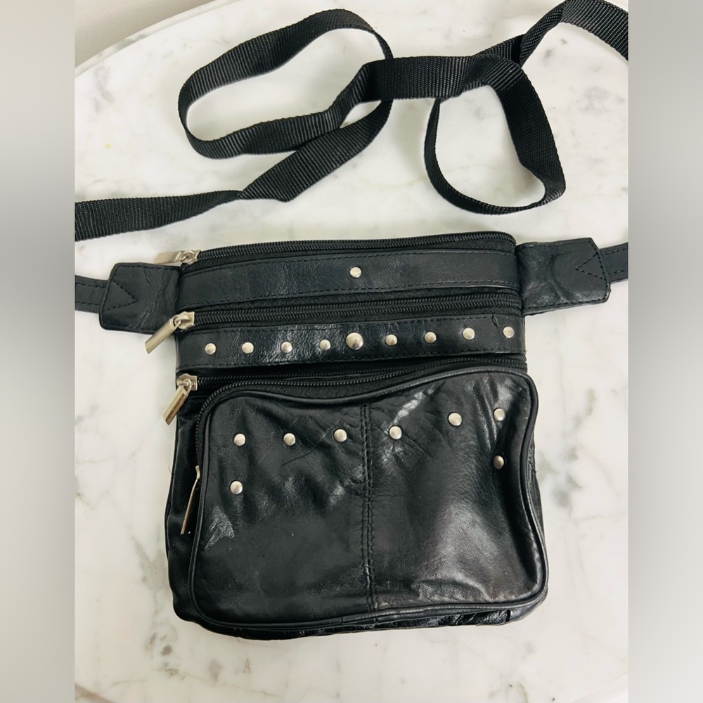 Black Leather Fanny Pack / Motorcycle Waist Bag with Studs